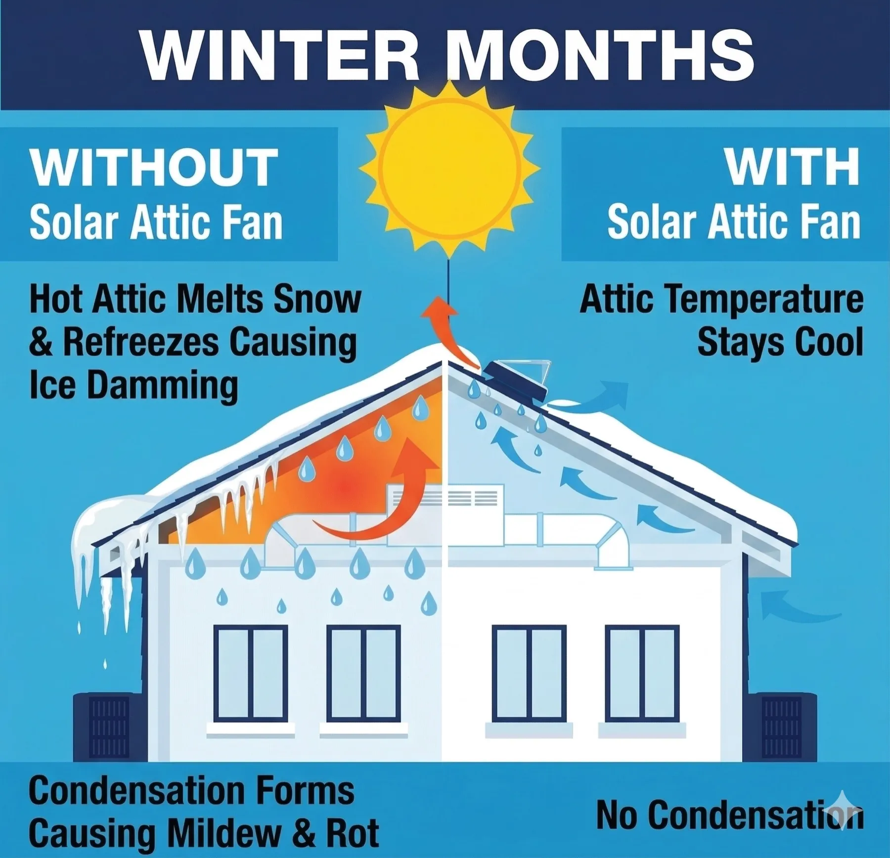Diagram comparing a winter attic with and without a solar attic fan, showing ice damming and condensation on the untreated side